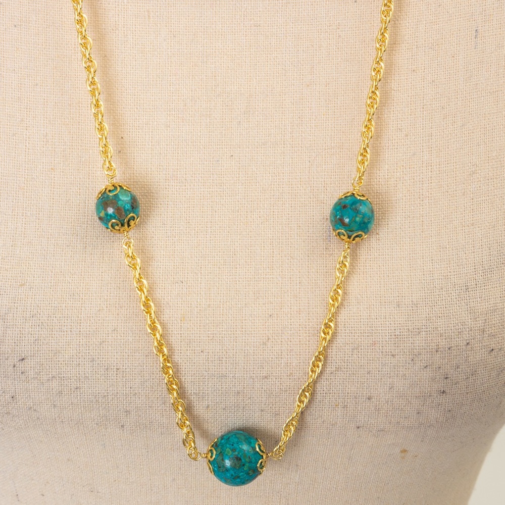 JTV gold tone longer style necklace with turquoise balls approx 29.5” length - Picture 9 of 16